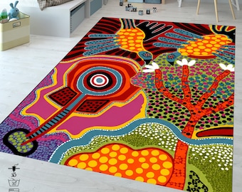 Colorful Abstract Folk Art Rug, Boho Area Rug, Australian Inspired Art Rug, Eclectic Statement Carpet, Colorful Bedroom Living Room Rug