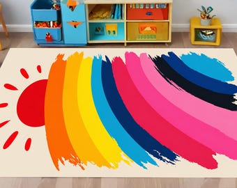 Boho Rainbow Sun Play Mat, Colorful Abstract Kids Room Rug