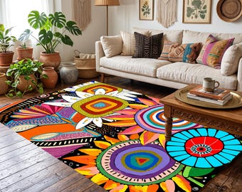 Colorful Abstract Boho Rug, Geometric Floral Area Rug, Maximalist Kilim, Vibrant Modern Floor Mat, Eclectic Home Decor