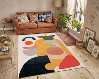 Mid Century Modern Abstract Geometric Rug, Boho Flatweave, Washable Living Room Decor
