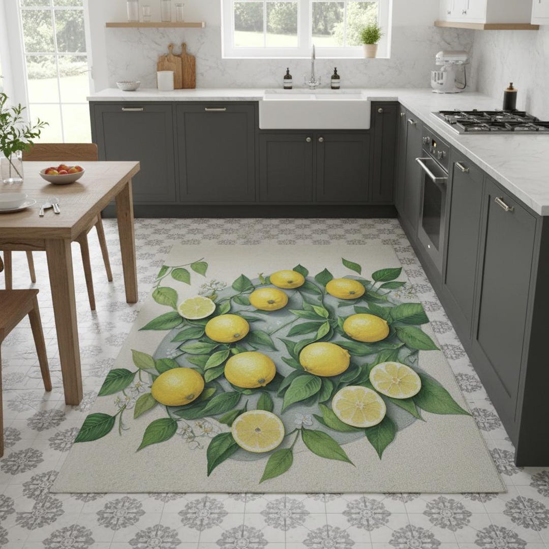Lemon Patterned Kitchen Rug: Fresh Citrus Fruit Design - Etsy