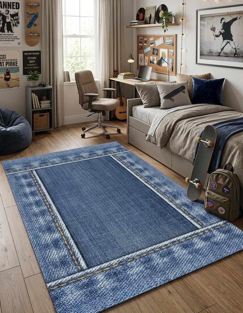 Denim Style Area Rug, Blue Jeans Pattern Rugs for Man Cave