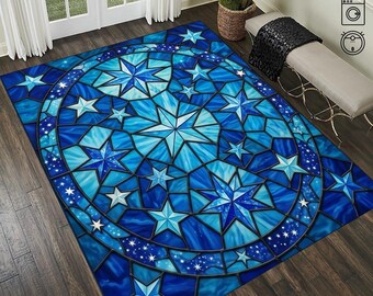 Blue Stained Glass Star Rug, Celestial Boho Area Printed Carpet