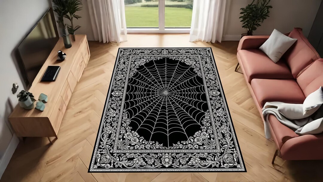 Gothic Spider Web Rug: Black & White Abstract Pattern, Custom Living ...
