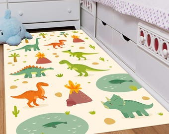 Dinosaur Play Mat: Beige & Green Kids Room Rug