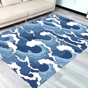 Blue Wave Rug: Japanese Print Carpet, Home Decor