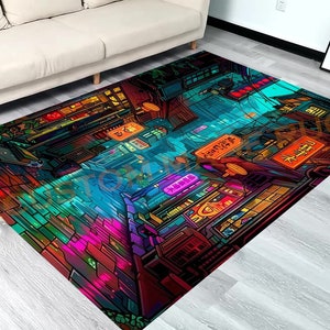 May include: A colorful rug with a neon cityscape design. The rug features a variety of colors, including pink, blue, green, and yellow. The cityscape is depicted in a stylized, almost cartoonish way, with buildings, streets, and signs. The rug is perfect for adding a touch of modern art to any room.