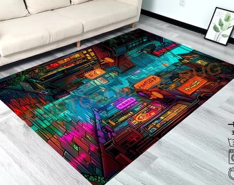 Anime Rug, Japan City, Japan Anime City, Patterned Rug, Aesthetic Rug, Area Rug,Tokyo City Night, Charming 80s, 90s Tokyo Street aesthetics