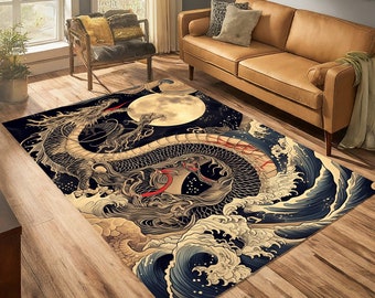 May include: A black and white rug with a dragon and waves design. The dragon is curled around a full moon. The rug has a dark blue background with white and gold accents.