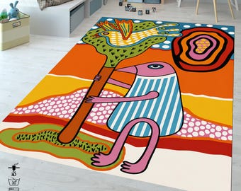 Whimsical Animal Motif Rug, Folk Art Nursery Carpet, Retro Colorful Floor Mat (Printed)