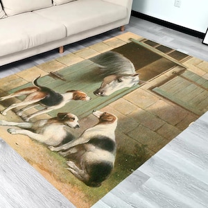 Cani da caccia con tappeto a motivi di cavallo, cavalli da cartolina degli anni '20, arte del cavallo, pittura di cavalli, tappeto con animali, tappeto estetico, tappeto d'area, tappeto tappeto