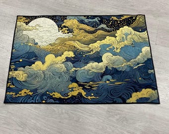 Japanese Wave Rug: Anime Art, Midnight Moon, Home Decor