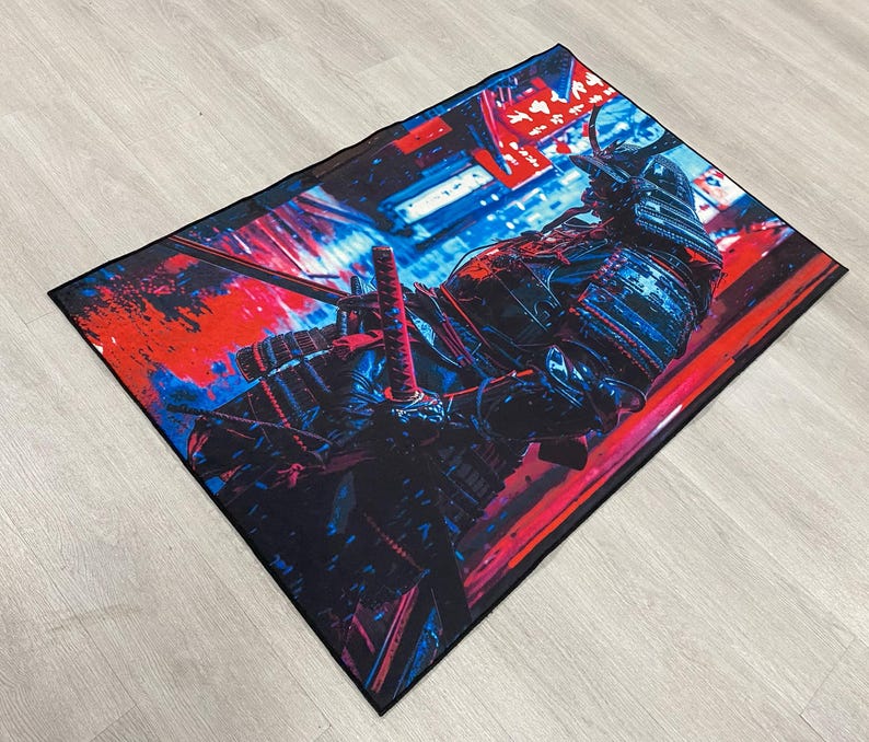 May include: A blue and red abstract design with a samurai warrior in black armor holding a sword. The warrior is standing in front of a red and blue background with Japanese characters.