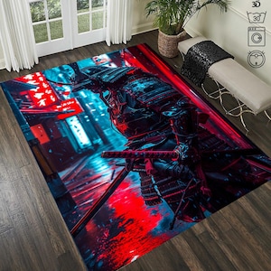 May include: A colorful rug with a 3D image of a samurai warrior standing in a neon-lit city street. The warrior is wearing black armor and holding a sword. The rug has a red, blue, and black color scheme.