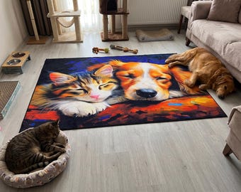 Cat and Dog Portrait Rug, Cozy Animal Lover Carpet, Colorful Pet Themed Home Decor
