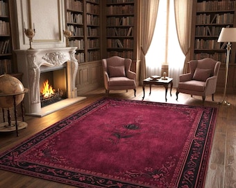 Alfombra floral de estilo vintage color burdeos, alfombra gótica victoriana, alfombra botánica rojo oscuro, decoración de suelo de estilo antiguo para sala de estar.