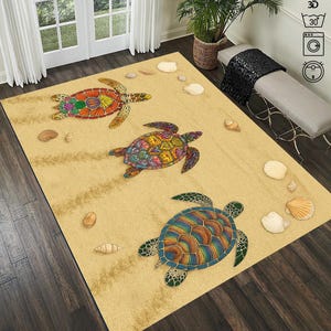 May include: A rectangular area rug featuring three colorful sea turtles on a sandy background. The turtles have intricate shell designs in shades of orange, blue, green, and yellow. Scattered seashells add to the beach theme.