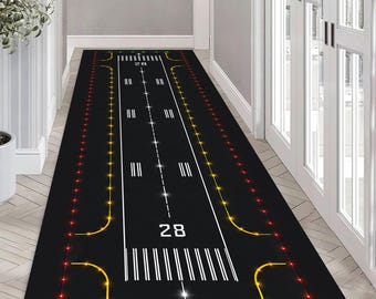 Airplane Runway Rug, Aviation Decor, Neon Night Flight Carpet, Pilot Gift, Boys Room Rug