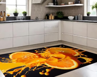 Orange patterned kitchen rug, fresh fruit, citrus fruits, halved oranges, cut half fresh oranges lined up on top of each other,gift rug
