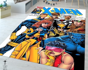 Könnte beinhalten: Ein rechteckiger Teppich mit einer farbenfrohen Illustration eines Marvel X-Men Comic-Covers. Das Design zeigt eine Gruppe von Superhelden, darunter Wolverine, Beast und Storm in ihren klassischen Kostümen, mit dem blauen X-Men-Logo.