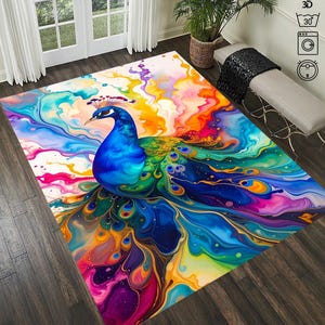 Peacock Patterned Area Rug: Colorful Modern Design