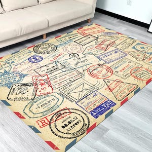 Timbro da viaggio, tappeto decorativo da viaggio, tappeto con motivo a etichette postali retrò, tappeto con timbro a morsa, tappeto da viaggiatore, regalo per amanti dei viaggi, regalo per lui