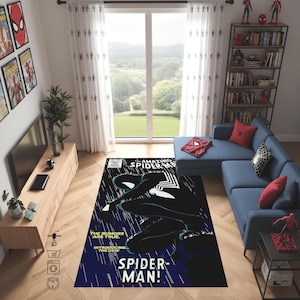 Alfombra con el traje negro de Spider-Man, alfombra de superhéroe, decoración para habitación de friki, cómic de Spider-Man, decoración para habitación de gamer, alfombra única estilo cómic.