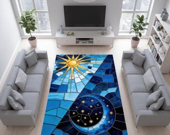 Celestial Stained Glass Rug, Sun and Moon Area Rug, Blue Gothic Rug, Celestial Decor Carpet, Starry Night Rug, Mystical Boho Rug