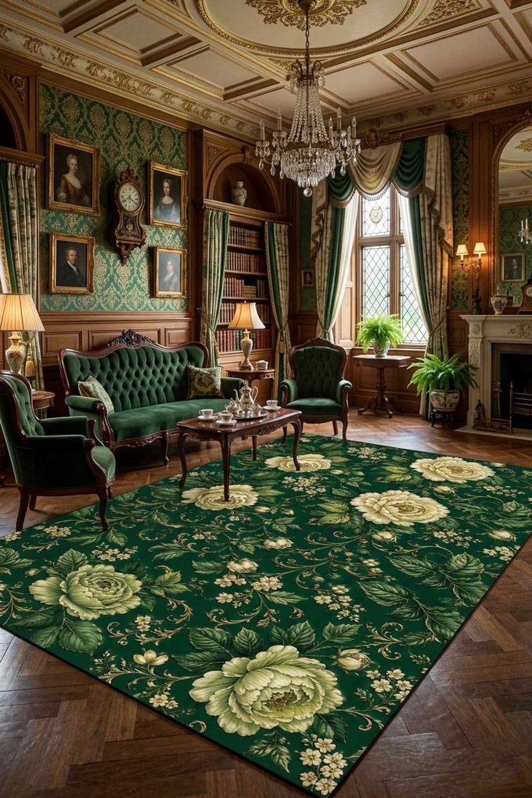 Emerald Green Floral Rug, Victorian Style, Botanical Carpet, Victorian ...