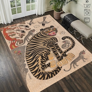 Tiger Art, Japanese Art,Tiger Rug, Tiger in East Asian Art,  Japanese Painting, Myth Rug, Animal Themed Rug,Living Room Rug, Colorful Rugs