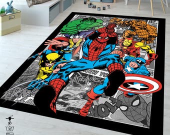 Super Hero Cartoon Design Carpet, Retro Comic Book Area Rug, Spiderman, Captain America & Super Heroes Mat