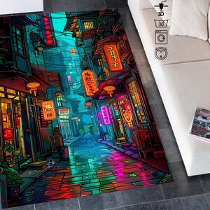 May include: A colorful illustration of a narrow, bustling street in a Japanese city at night. The street is lined with shops and buildings with neon signs and lanterns. The street is wet from the rain, and the reflections of the lights create a vibrant, colorful scene.