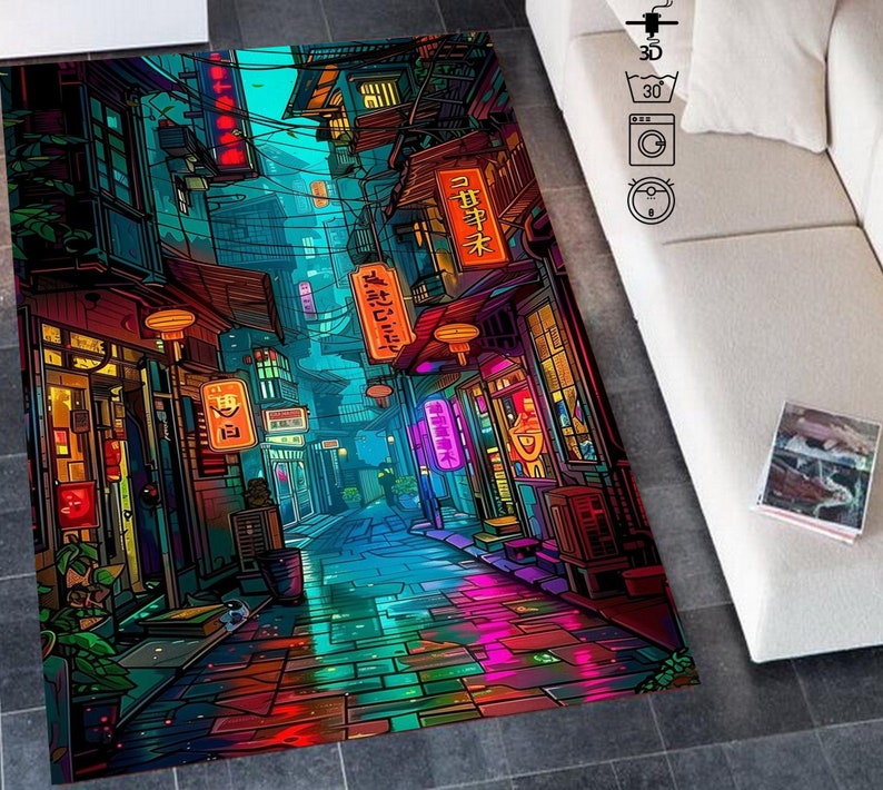 May include: A colorful illustration of a narrow, bustling street in a Japanese city at night. The street is lined with shops and buildings with neon signs and lanterns. The street is wet from the rain, and the reflections of the lights create a vibrant, colorful scene.