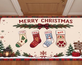 Customizable Christmas Family Rug, Personalized Stockings, Pet Paw Print, Holiday Mat