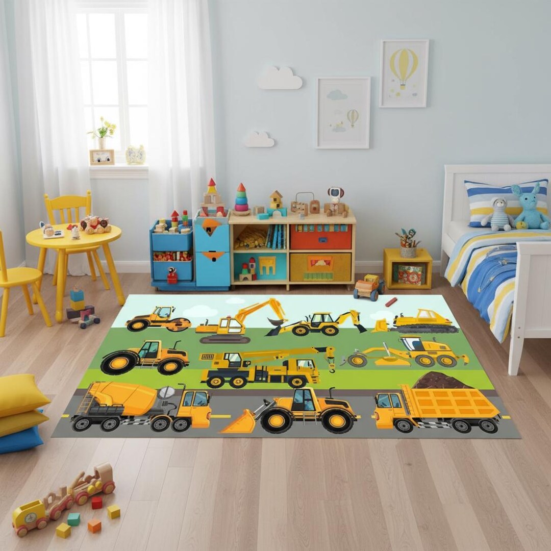 Construction Site Kids Rug, Yellow Digger and Crane Playmat, Non-slip ...