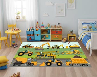 Construction Site Kids Rug, Yellow Digger and Crane Playmat, Non-Slip Children's Carpet, Industrial Theme Kids Room Decor, Nursery Rugs