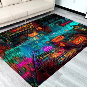 May include: A colorful rug with a neon cityscape design. The rug features a vibrant mix of pink, blue, green, and yellow hues, depicting a city street with buildings, streetlights, and signs. The rug has a textured, almost 3D effect, adding depth and dimension to the design.