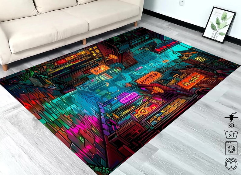 May include: A colorful rug with a neon cityscape design. The rug features a vibrant mix of pink, blue, green, and yellow hues, depicting a city street with buildings, streetlights, and signs. The rug has a textured, almost 3D effect, adding depth and dimension to the design.