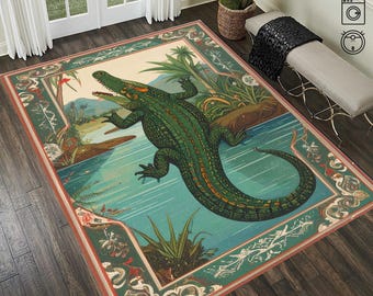 May include: A rectangular area rug featuring a central illustration of a green crocodile in a river landscape with palm trees and mountains. The rug has a decorative border with floral motifs in shades of green, red, and cream.
