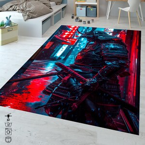 May include: A colorful rug with a dark figure of a samurai warrior in a neon-lit city setting. The warrior is holding a sword and is wearing traditional armor. The rug has a red, blue, and black color scheme.