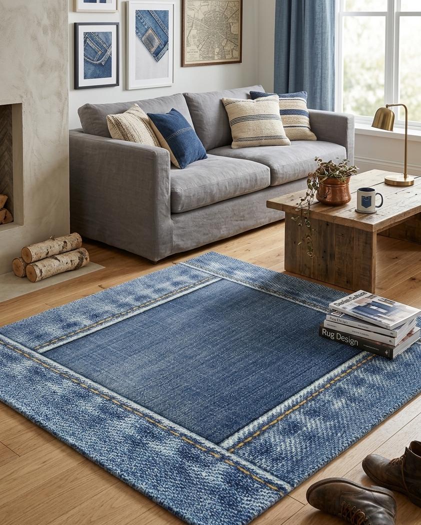 Denim Style Area Rug, Blue Jeans Pattern Rugs for Man Cave