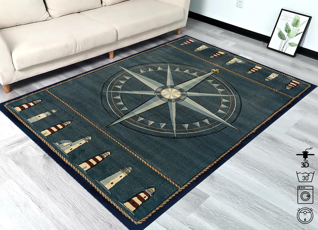 Compass Patterned Rug,sailor Compass Rug, Lighthouse Rug, Coastal Beach ...