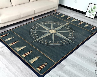 Alfombra con estampado de brújula, alfombra de brújula marinera, alfombra de faro, alfombra de decoración costera playera, alfombra de brújula, alfombra para sala de estar, alfombra de área, alfombras para dormitorio
