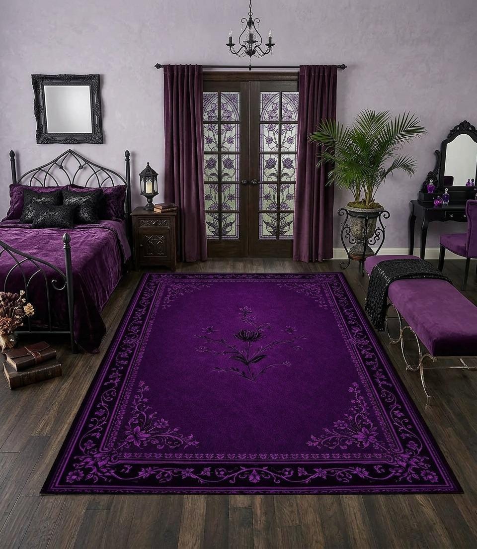 Purple Vintage Floral Area Rug, Gothic Victorian Carpet, Dark