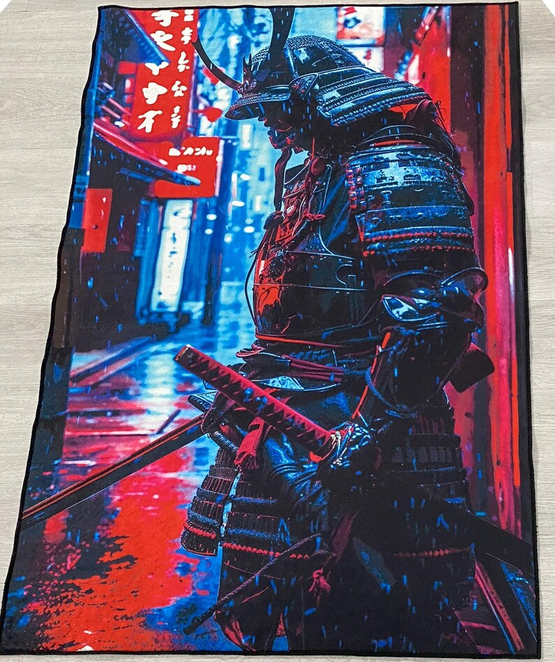 May include: A blue and red digital art print of a samurai warrior standing in a city street. The samurai is holding a katana sword and wearing traditional armor. The background is a blurred cityscape with Japanese characters.