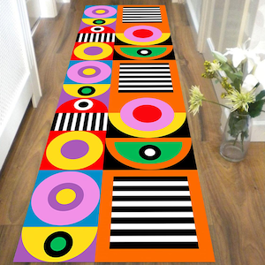 70s Retro Geometric Runner Rug: Mid Century Modern Colorful Hallway Mat