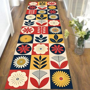 70s Retro Floral Runner Rug: Mid Century Modern Kitchen Hallway