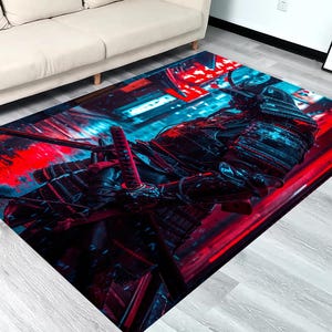 May include: A red and blue rug with a samurai warrior riding a motorcycle. The warrior is wearing a helmet and holding a sword. The rug has a 3D effect.