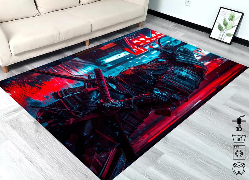 May include: A red and blue rug with a samurai warrior riding a motorcycle. The warrior is wearing a helmet and holding a sword. The rug has a 3D effect.