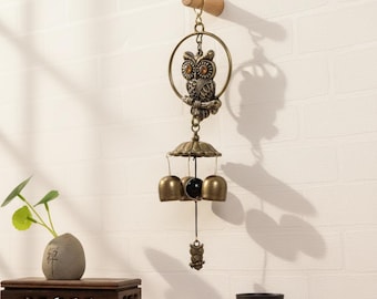 Hanging Owl Garden Decor Chime – Vintage Bronze Copper and Metal Construction with Three Bells for Soothing Outdoor Patio Ambiance